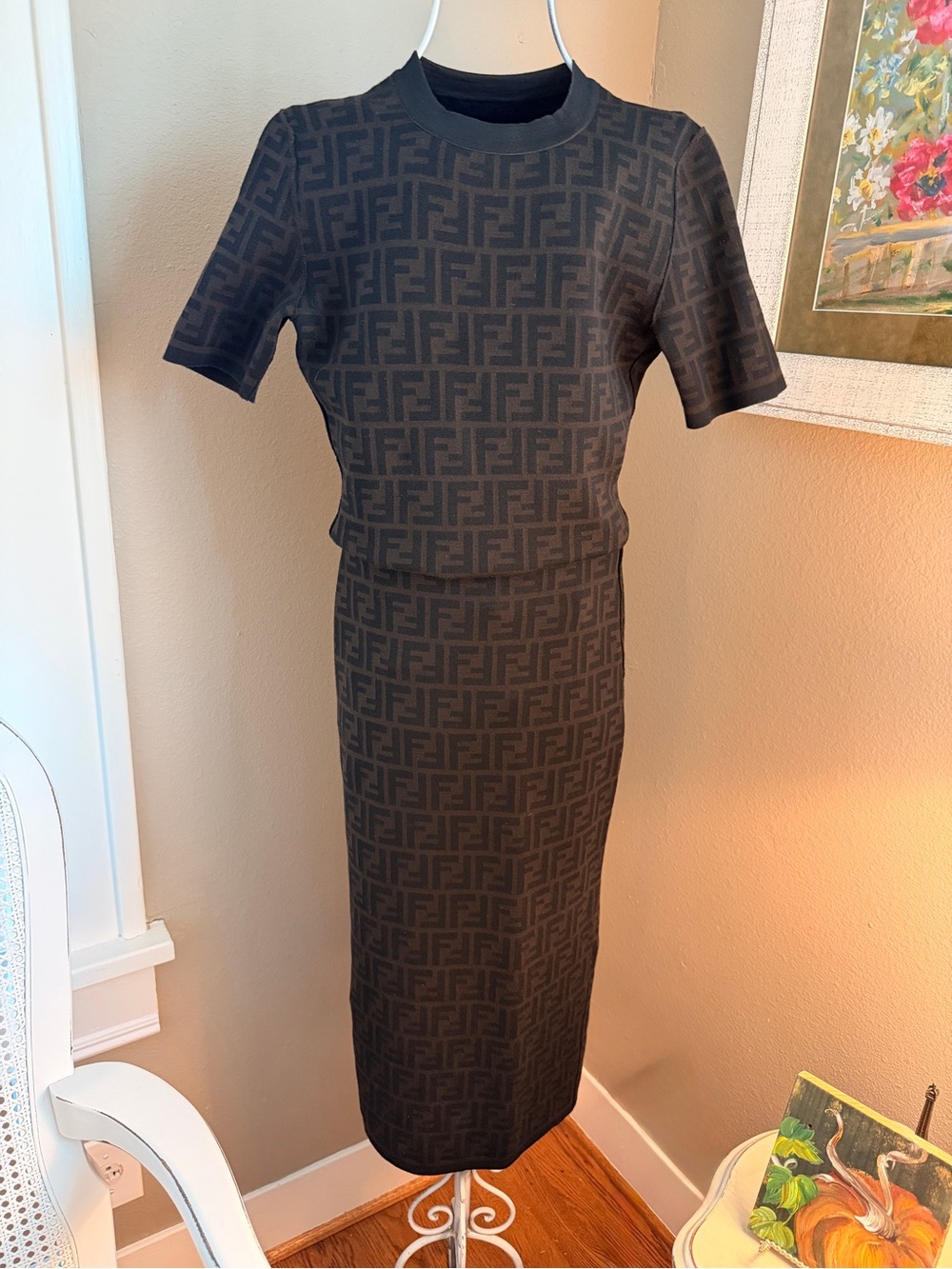 Fendi Black Brown FF Logo Knit Two-Piece Top and Skirt Set Size XS